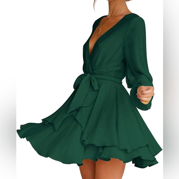 Women's Dress Deep V-Neck Long Sleeve Waist Tie Ruffle Mini Swing Skater Dress - Picture 2 of 5